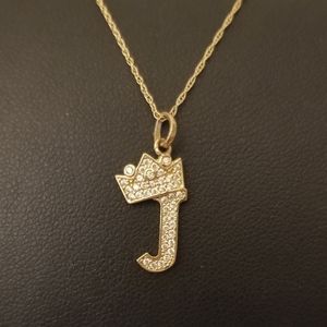 10K Gold "J" Intial Crown Pendant Necklace